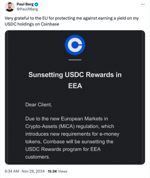 Европейские пользователи Coinbase разочарованы тем, что MiCA форсирует прекращение доходности USDC