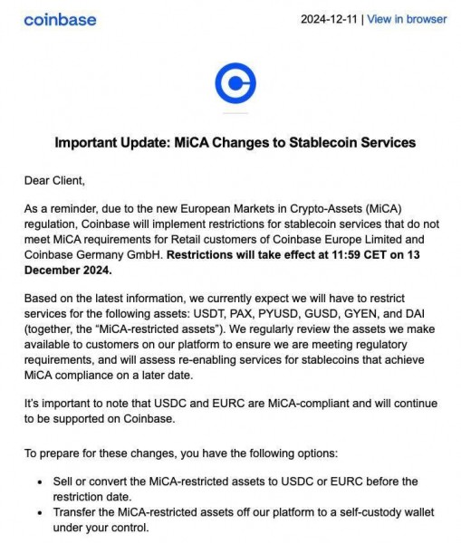 Coinbase проведет 13 декабря делистинг USDT и ряда стейблкоинов на территории ЕС