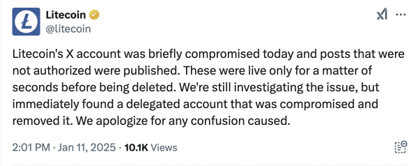 Аккаунт Litecoin X был ненадолго взломан с целью продвижения поддельного токена Аккаунт Litecoin X был ненадолго взломан с целью продвижения поддельного токена