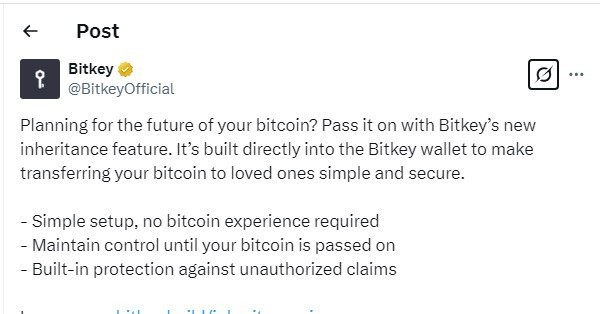 В кошельке Bitkey появилась функция наследования биткоинов
В кошельке Bitkey появилась функция наследования биткоинов