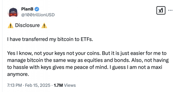 Биткоин -аналитик Planb передает биткоин в ETF, чтобы избежать «хлопот с ключами» Биткоин -аналитик Planb передает биткоин в ETF, чтобы избежать «хлопот с ключами»