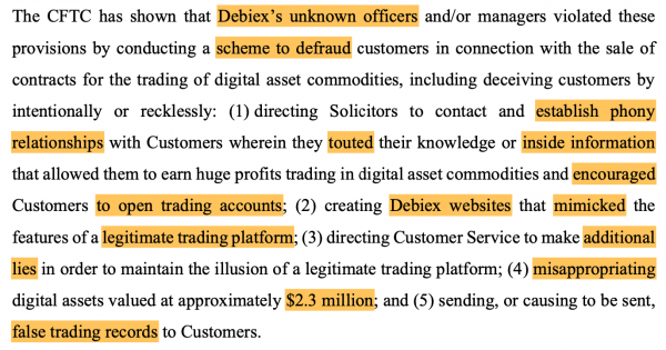 Платформа криптовалюты Debiex должна заплатить 2,5 млн долларов в случае CFTC ‘Pigchering’ Платформа криптовалюты Debiex должна заплатить 2,5 млн долларов в случае CFTC ‘Pigchering’