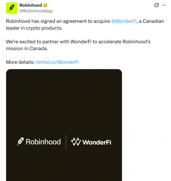 Robinhood для приобретения канадского Wonderfi за 179 миллионов долларов в глобальном криптовалюте толчок