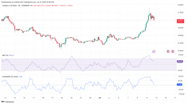 Прогноз цены Cardano (ADA) на 13 июля 2025 года: ADA отступает от $0,74, поскольку быки защищают поддержку $0,68