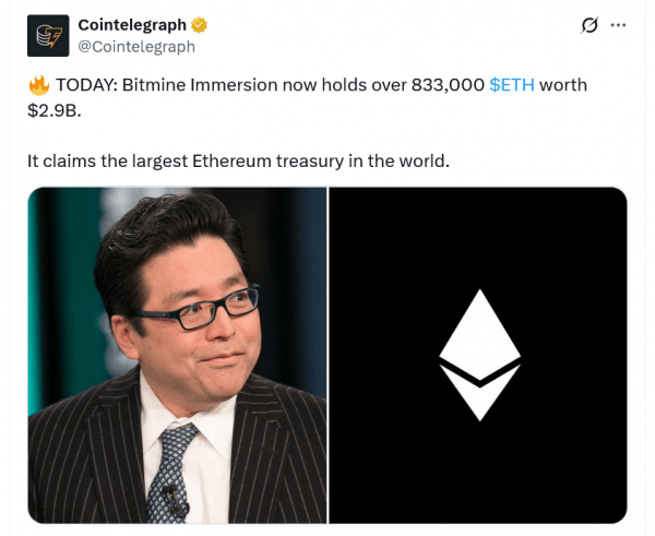 Bitmine&rsquo;s Eth Holdings превышает 3 млрд долларов на последнюю покупку