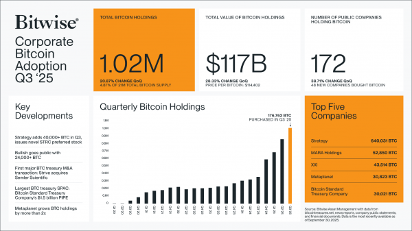 Bitwise: в третьем квартале появилось 48 новых биткоин-казначейств