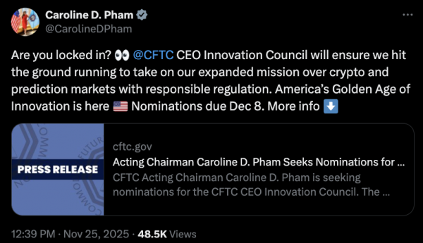 Исполняющий обязанности председателя CFTC ищет руководителей &laquo;Инновационного совета&raquo; со ссылкой на Crypto