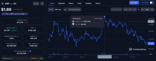 Рыночная капитализация XRP снизилась на 98 миллиардов долларов