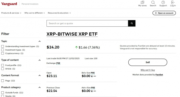 Пользователи Vanguard не могут приобрести добавленный XRP-ETF