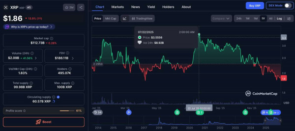 Рыночная капитализация XRP снизилась на 98 миллиардов долларов