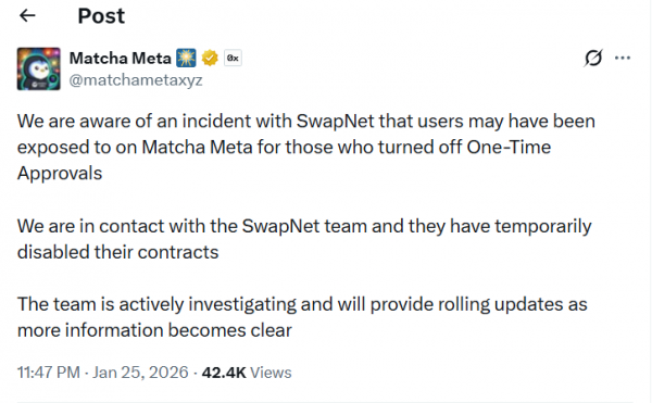 Мета Matcha пострадала от взлома смарт-контракта SwapNet стоимостью 16,8 млн долларов