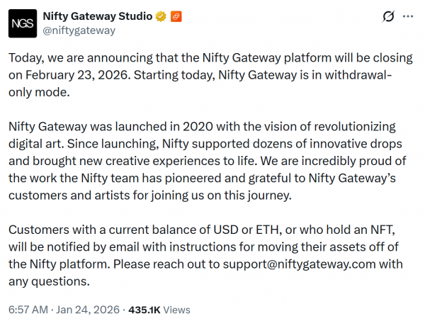 Nifty Gateway закроется в феврале 2026 года из-за углубления спада на рынке NFT
