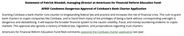 Банки сообществ США выступают против утверждения устава треста Coinbase