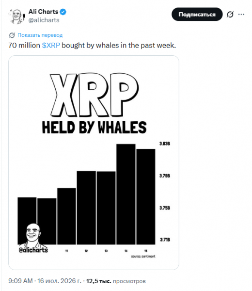 За неделю крупные владельцы XRP добавили к своим балансам 70 млн токенов