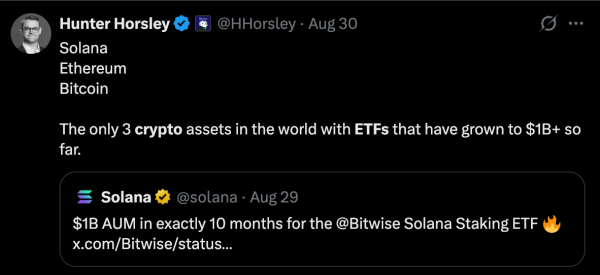 ETF компании Bitwise на базе Solana достиг 1 миллиарда долларов под управлением всего через 10 месяцев после запуска